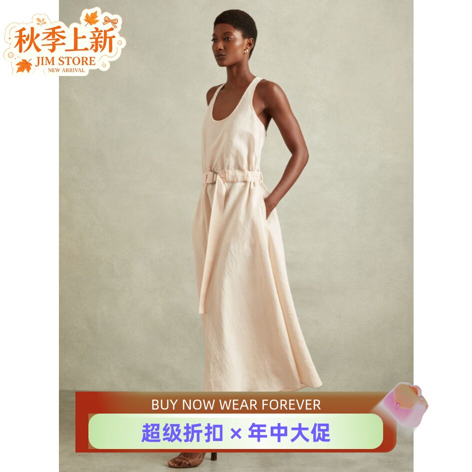 REISS乳白连衣裙背心裙休闲度假裙露背中长A字简约淑女气质百搭