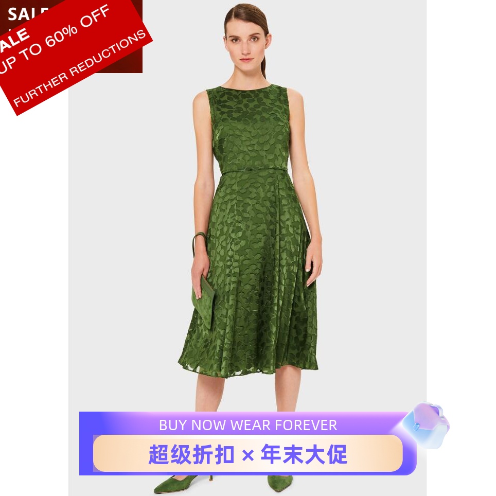 HOBBS连衣裙无袖A字绿色叶子印花暗花修身优雅复古英伦气质百搭