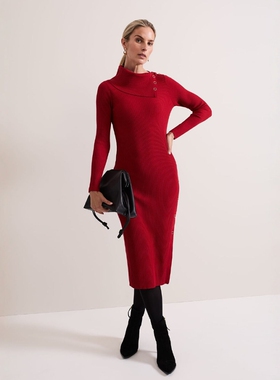 Phase Eight红色翻领长袖连衣裙包臀裙针织裙中长款气质修身舒适