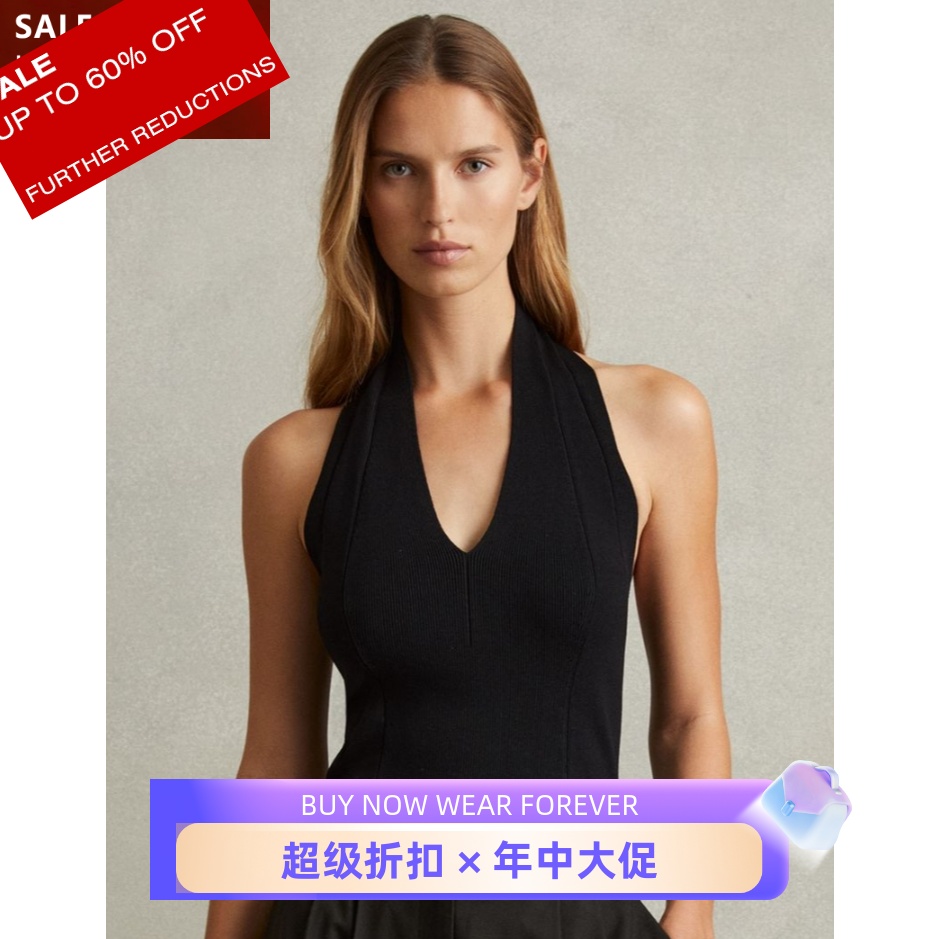 REISS黑色挂脖背心内搭V领后背短款弹力修身简约英伦通勤OL显瘦