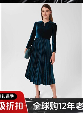HOBBS丝绒长袖连衣裙百褶裙松绿色中长高腰修身优雅气质光泽