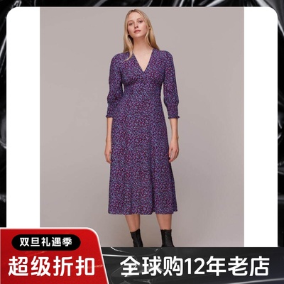 WHISTLES紫色碎花七分袖连衣裙