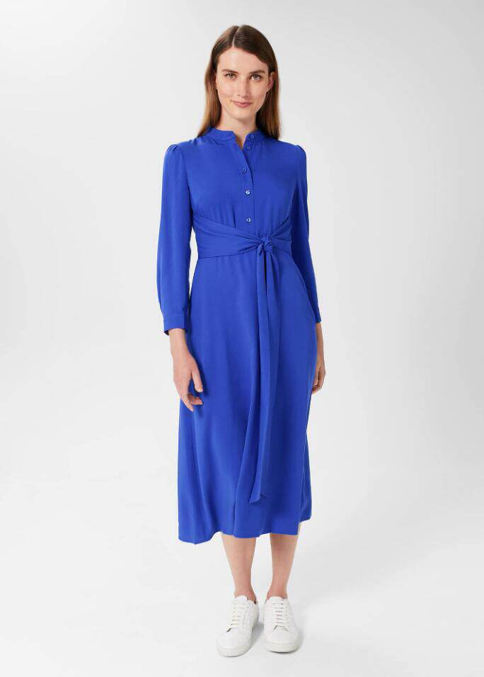 HOBBS蓝色长袖连衣裙衬衫裙中长裹腰系带靓丽英伦淑女优雅百搭