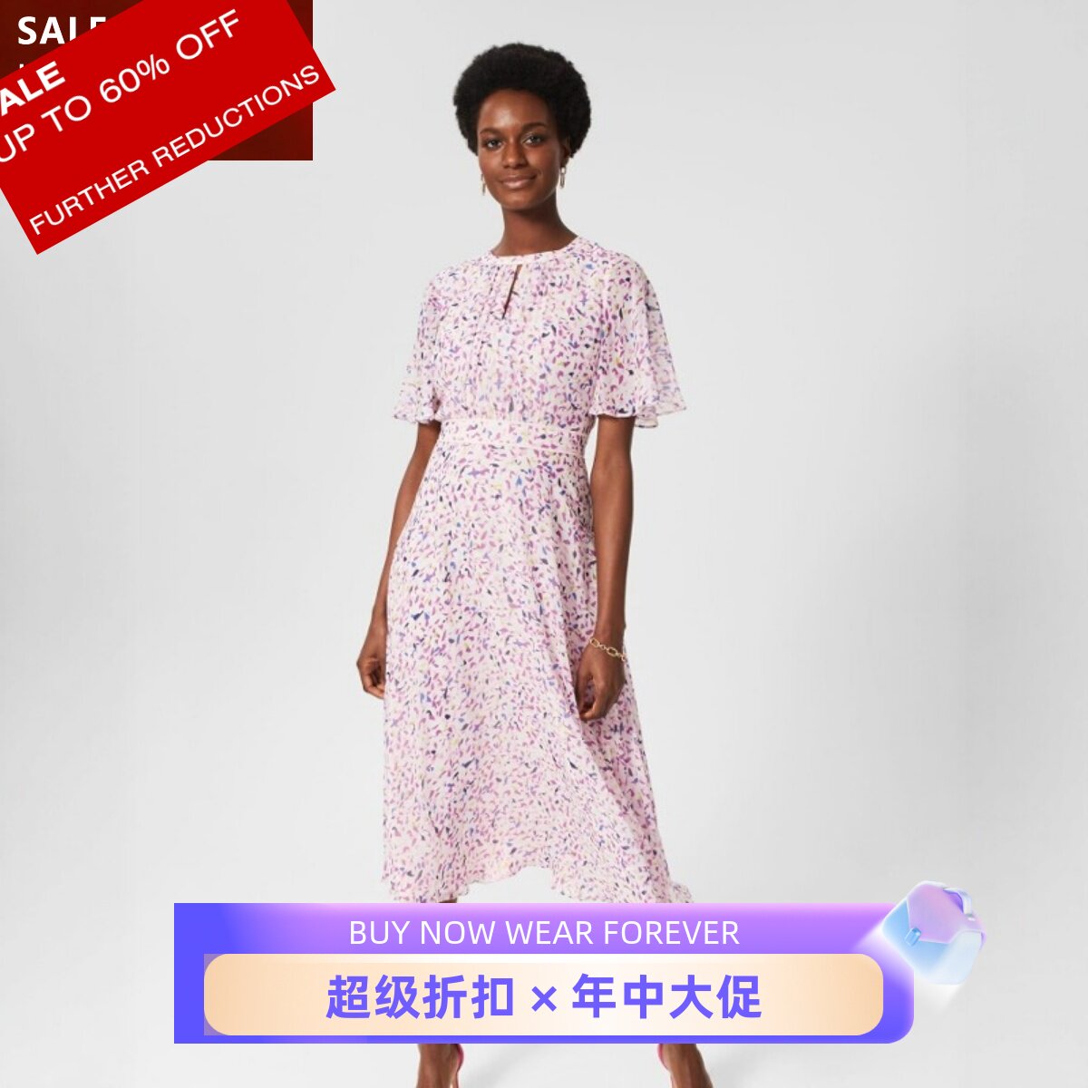 HOBBS淡粉碎花短袖真丝连衣裙茶歇裙圆领中长轻薄飘逸优雅百搭