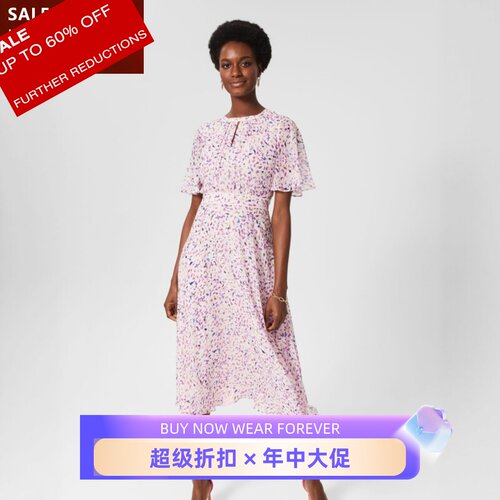 HOBBS淡粉碎花短袖真丝连衣裙茶歇裙圆领中长轻薄飘逸优雅百搭