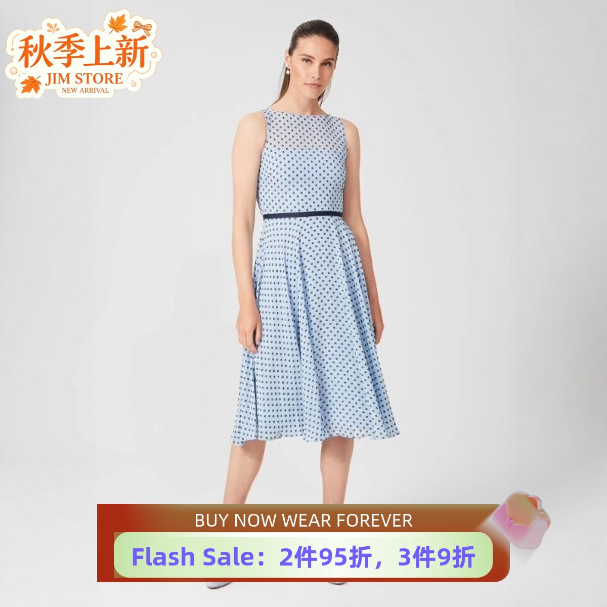 HOBBS浅蓝波点连衣裙A字裙雪纺裙无袖高腰修身清新淑女优雅百搭