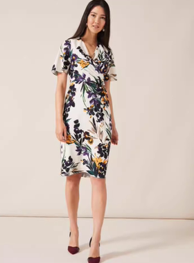 Phase Eight短袖连衣裙一步裙白底碎花印花V领清新百搭淑女褶皱