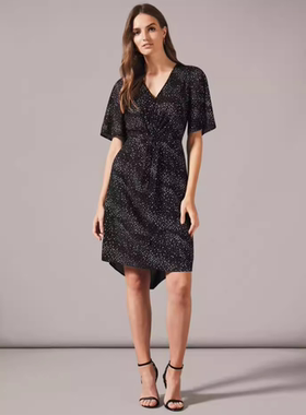 Phase Eight短袖连衣裙黑色星星碎花钉珠中长修身优雅英伦显瘦