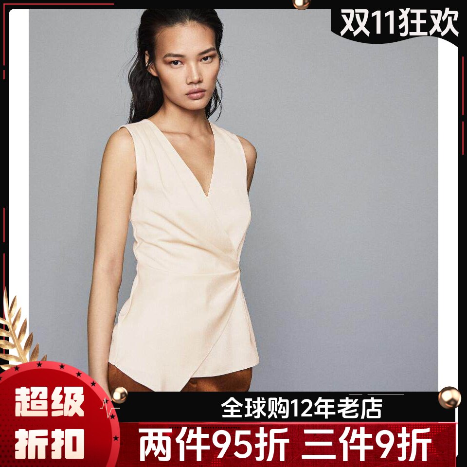 REISS夏季女T恤上衣短款无袖V领修身裹腰深色通勤OL气质淑女百搭