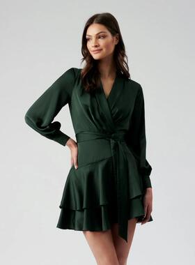 Phase Eight长袖缎面连衣裙墨绿色裹腰V领系带光泽气质优雅百搭