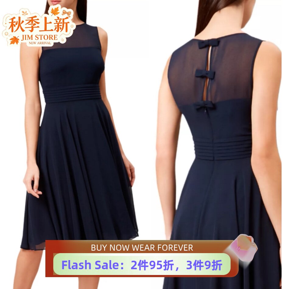 HOBBS藏蓝蝴蝶结连衣裙纱网拼接高腰优雅淑女气质英伦修身显瘦