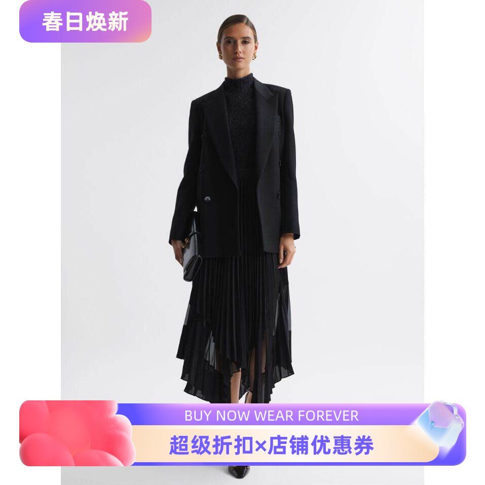 REISS百褶裙半身裙黑色中长不规则裙摆纱网拼接优雅气质通勤百搭