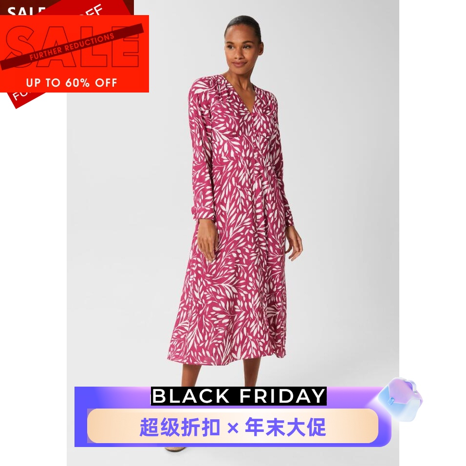 HOBBS粉树叶印花连衣裙优雅英伦