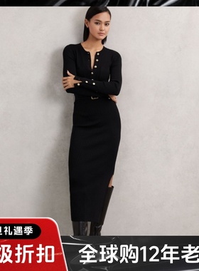 REISS长袖连衣裙包臀裙中长黑色配腰带针织纽扣装饰干练OL显瘦