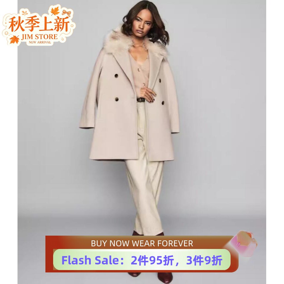 REISS羊毛大衣短款翻毛领廓形