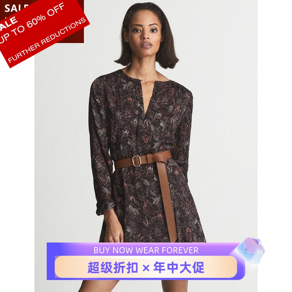 Reiss长袖连衣裙系带黑底印花