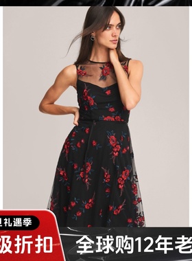 Phase Eight黑色刺绣连衣裙纱网A字无袖中长款系带修身优雅英伦风