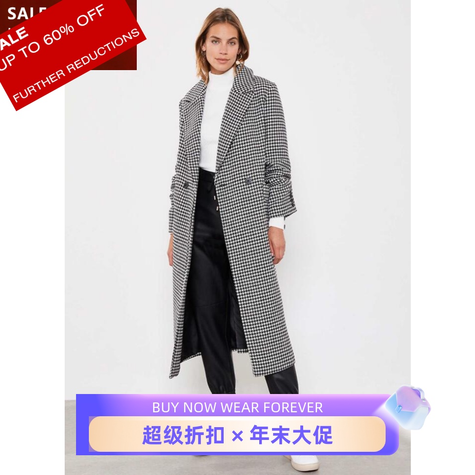 UNI CLOSET西服领羊毛毛呢大衣外套千鸟格黑白双排扣中长修身英伦