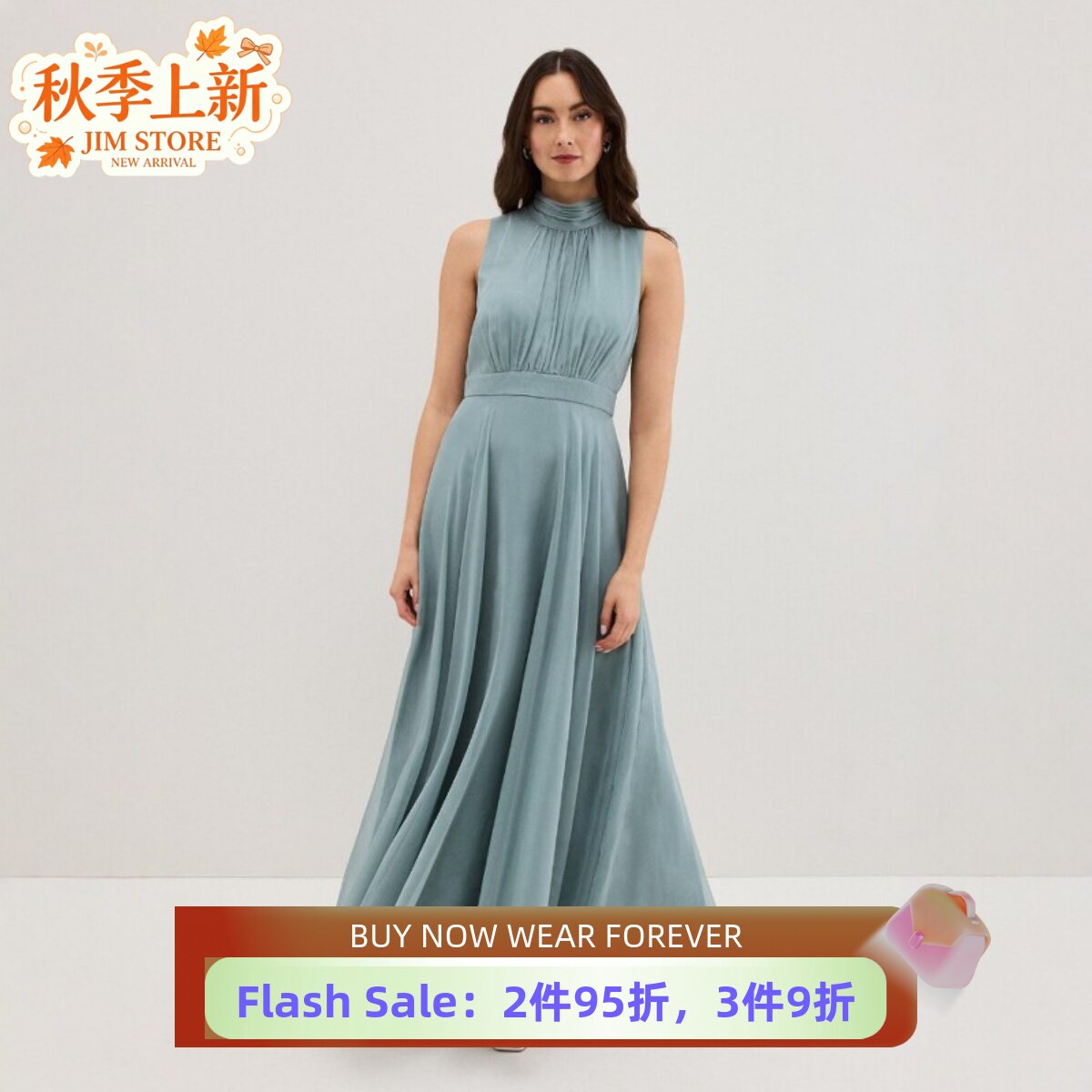 Phase Eight灰绿色礼服裙长裙连衣裙无袖高领褶皱纯色优雅大气