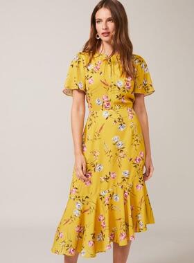 Phase Eight短袖连衣裙中长黄色碎花印花鱼尾H型修身优雅英伦淑女