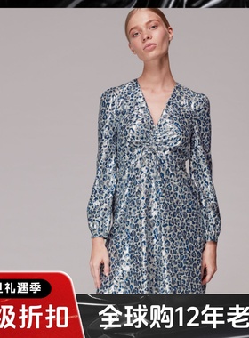 WHISTLES长袖连衣裙真丝混纺蓝色豹纹V领褶做高腰修身气质礼服