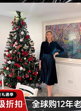 HOBBS丝绒长袖连衣裙百褶裙松绿色中长高腰修身优雅气质光泽