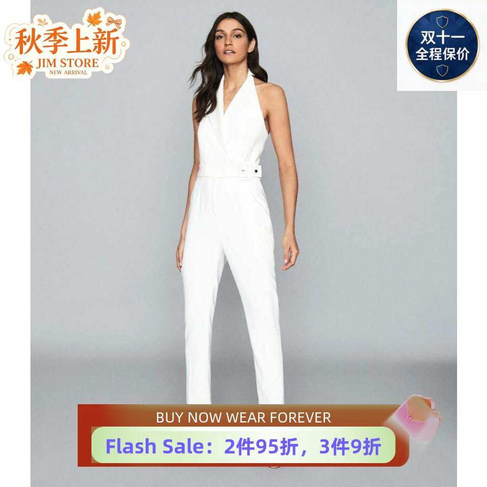 白色露背挂脖束腰西服领连体裤