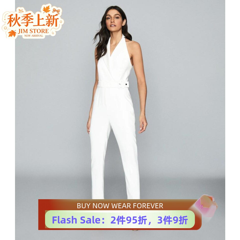 白色露背挂脖束腰西服领连体裤