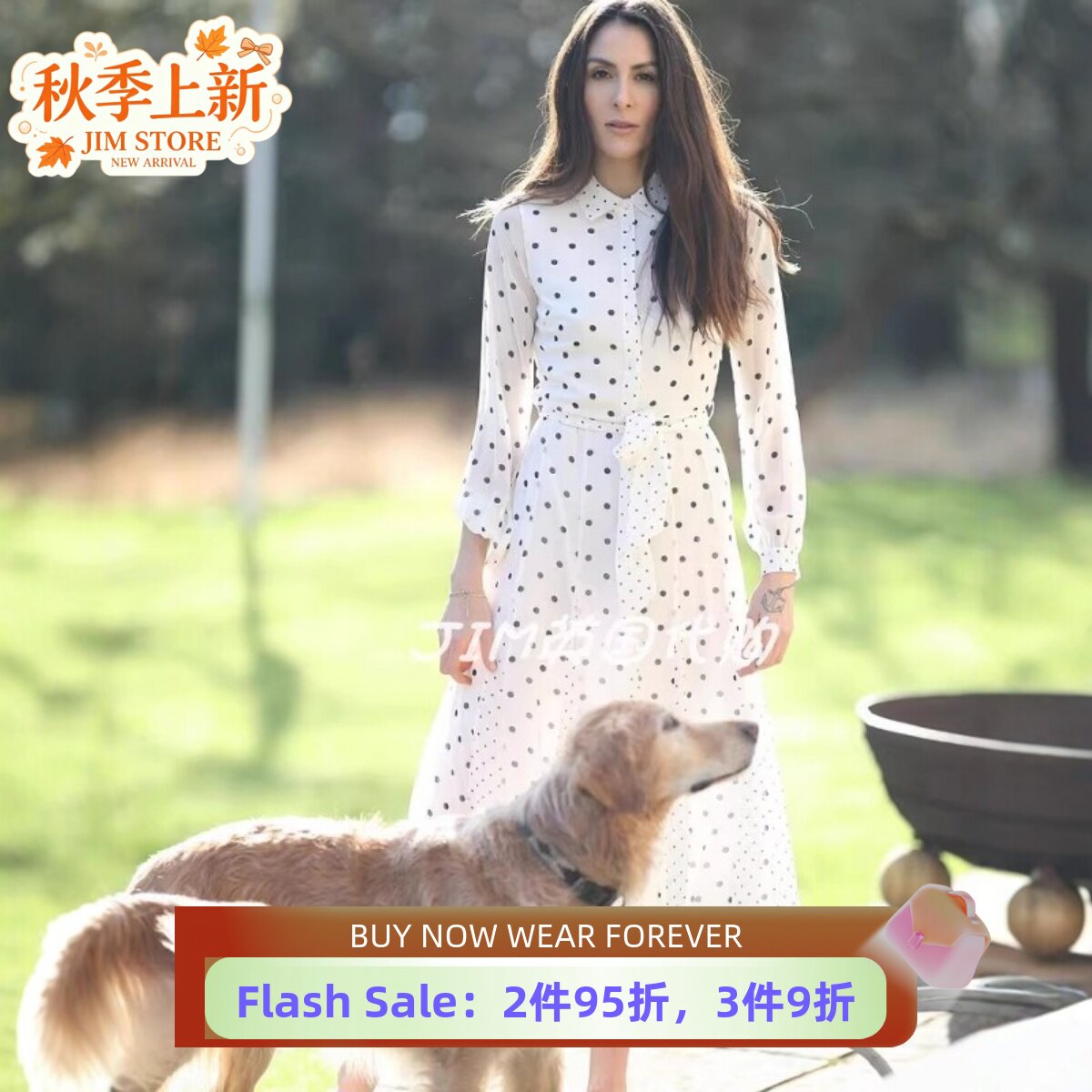 HOBBS长袖连衣裙衬衫裙百搭波点网纱袖系带中长款优雅淑女百搭