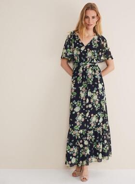 Phase Eight连衣裙短袖长裙雪纺纱网藏蓝碎花系带优雅英伦淑女风