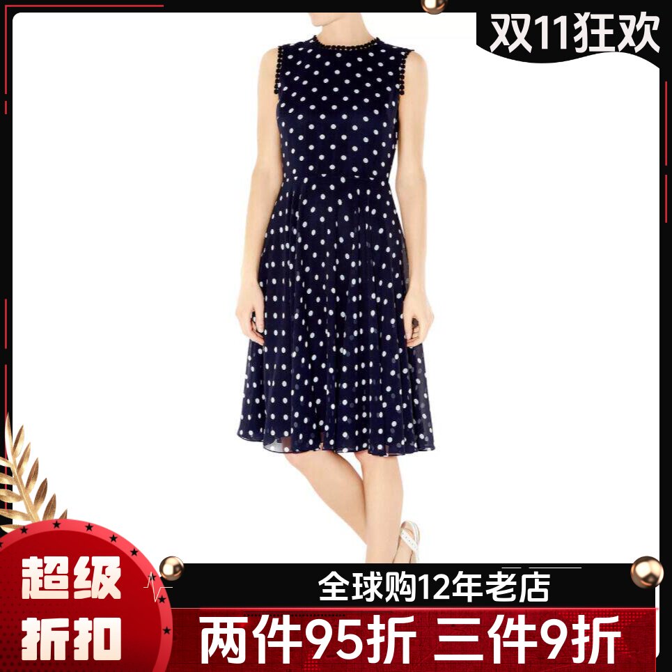 HOBBS连衣裙雪纺裙藏蓝波点中长A字无袖高腰修身英伦气质通勤百搭