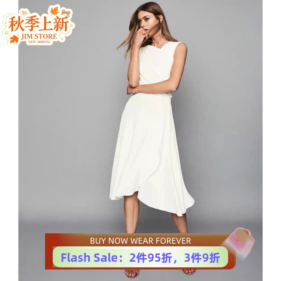 REISS白色斜领斜摆连衣裙气质