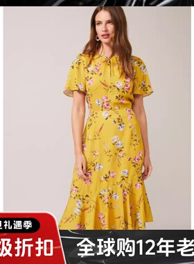 Phase Eight短袖连衣裙中长黄色碎花印花鱼尾H型修身优雅英伦淑女