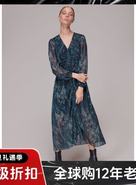 WHISTLES长袖连衣裙中长雪纺蓝色纱网印花碎花高腰修身优雅瑞丽