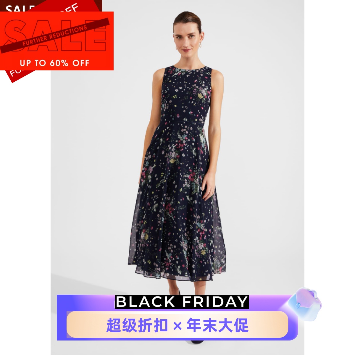 HOBBS藏蓝繁花印染连衣裙