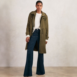 REISS风衣大衣外套中长款连帽卡其绿拉链抽绳经典英伦百搭气质