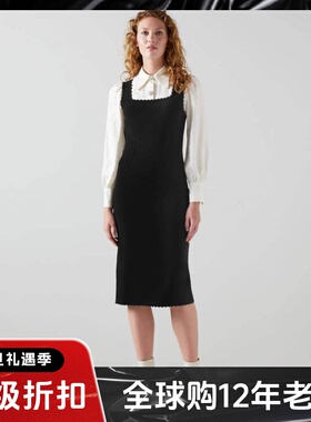 LK BENNETT黑色吊带针织包臀裙中长方领波浪边修身简约淑女百搭