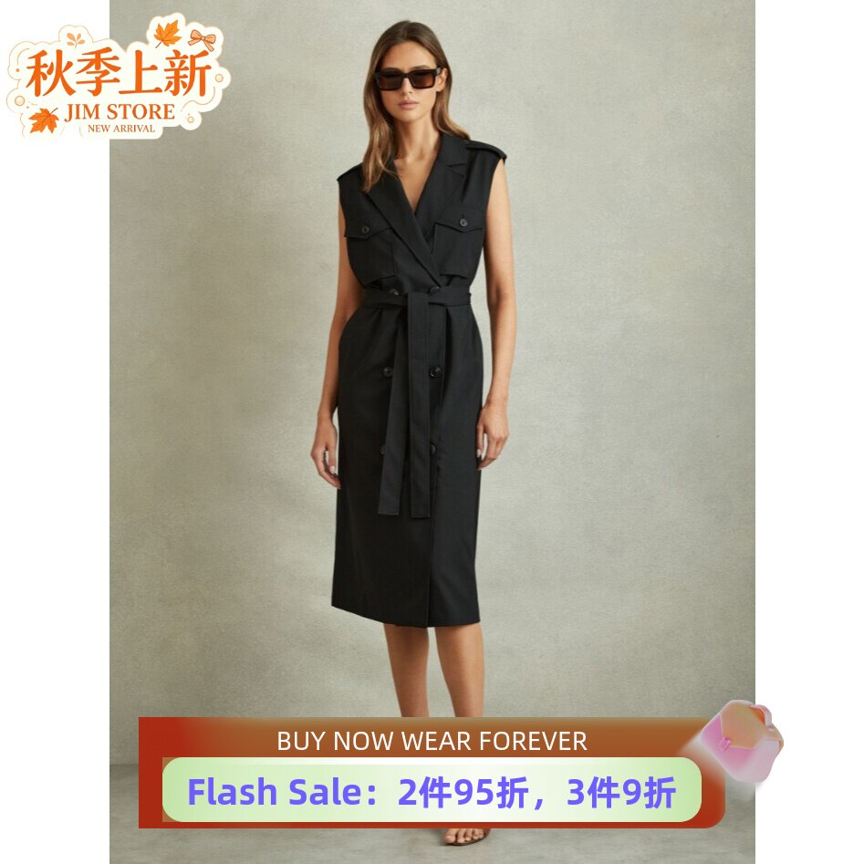 REISS黑色西服裙连衣裙无袖双排扣中长系带简约干练通勤OL显瘦