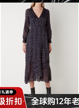 WHISTLES长袖连衣裙中长款深蓝色波点雪纺纱网高腰修身优雅公主风