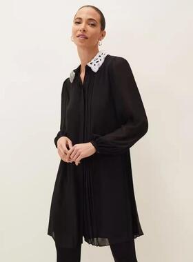 Phase Eight长袖连衣裙衬衫裙黑色雪纺拼色飘逸英伦淑女百搭显瘦