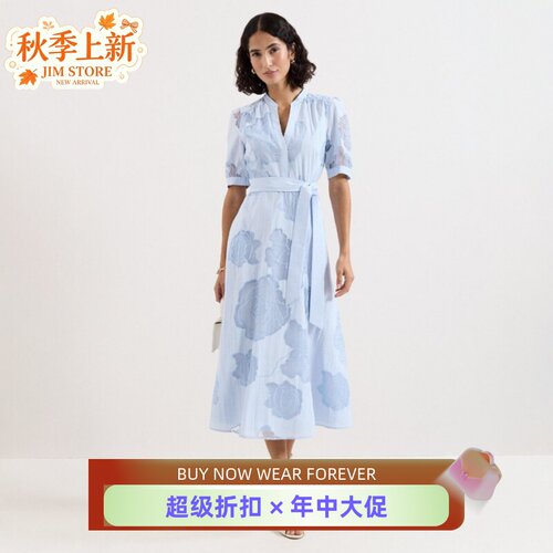 Phase Eight浅蓝短袖连衣裙中长A字系带网纱花朵印花清新淑女气质