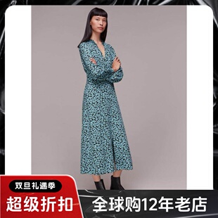 WHISTLES长袖连衣裙浅蓝印花中长V领高腰修身优雅英伦淑女风