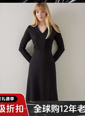 LK BENNETT黑色长袖连衣裙中长裙V领纯色高腰修身显瘦气质英伦风