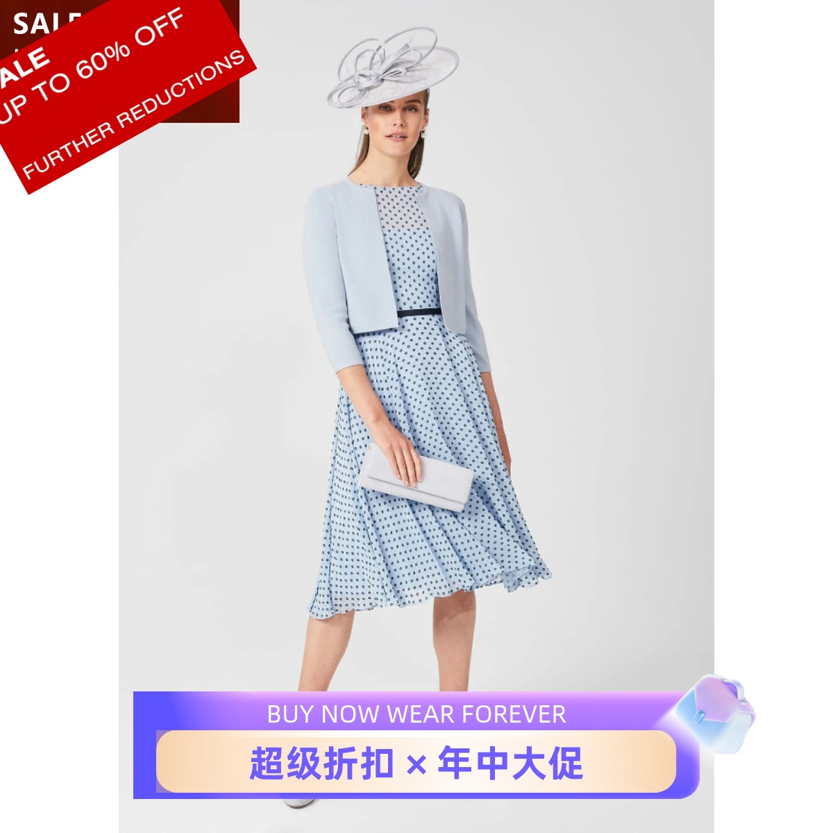 HOBBS浅蓝波点连衣裙A字裙雪纺裙无袖高腰修身清新淑女优雅百搭
