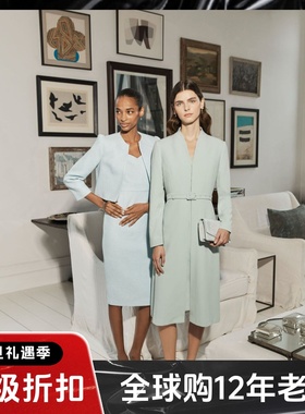 HOBBS大衣外套中长浅灰绿色配腰带暗扣V领纯色优雅英伦淑女风套装