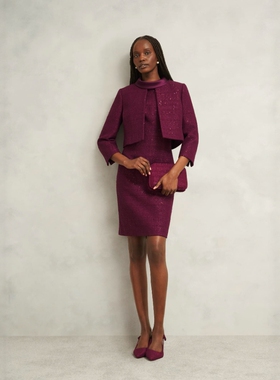 HOBBS酒红短外套连衣裙套装包臀修身纯色亮片设计优雅通勤OL气质