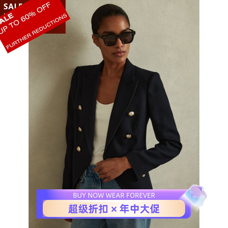 REISS藏蓝西服西装短外套双排扣短款休闲通勤气质百搭英伦风