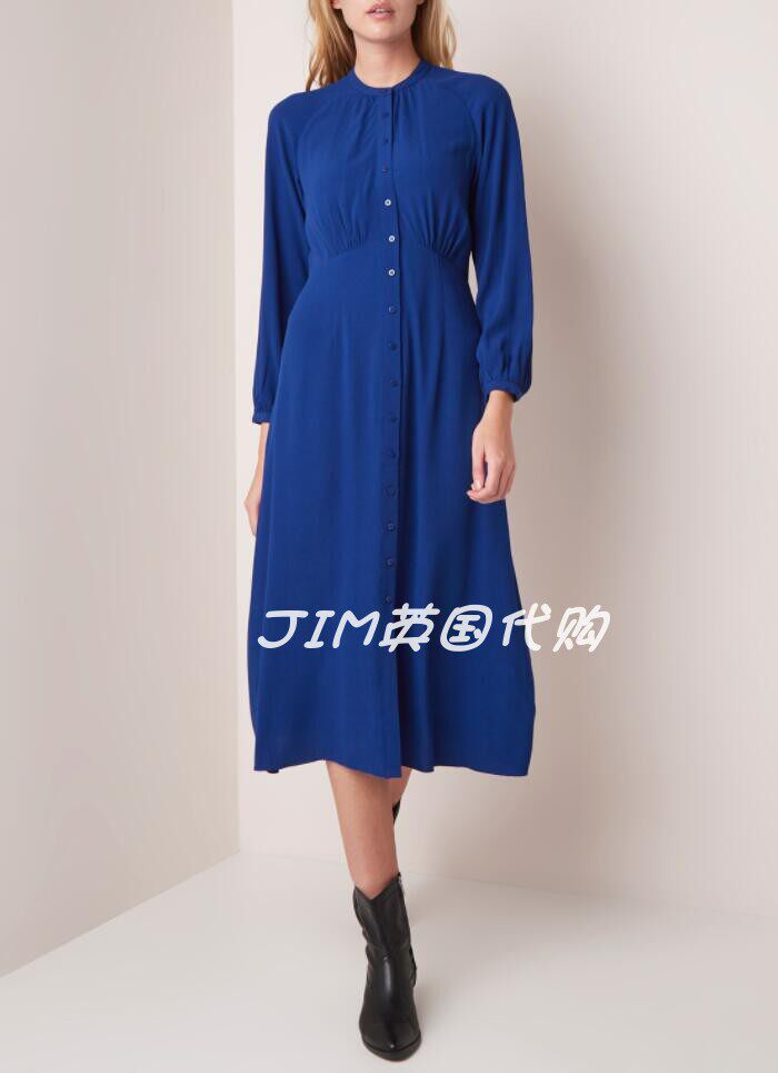 UNI CLOSET长袖连衣裙衬衫裙中长蓝色褶皱修身A字气质优雅通勤