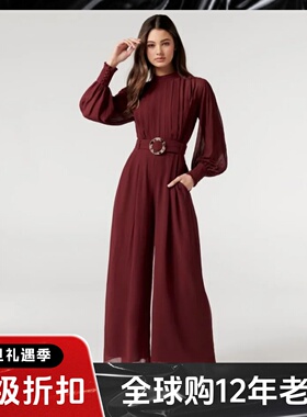 Phase Eight红色长袖连体裤阔腿裤纯色网纱袖简约大气日常通勤