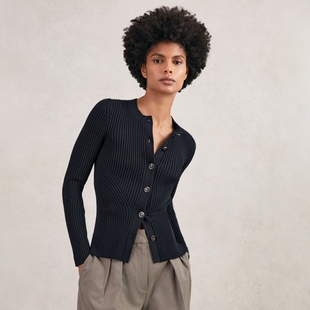 REISS藏蓝长袖针织衫开衫短款弹力修身坑条纹圆领日常通勤干练